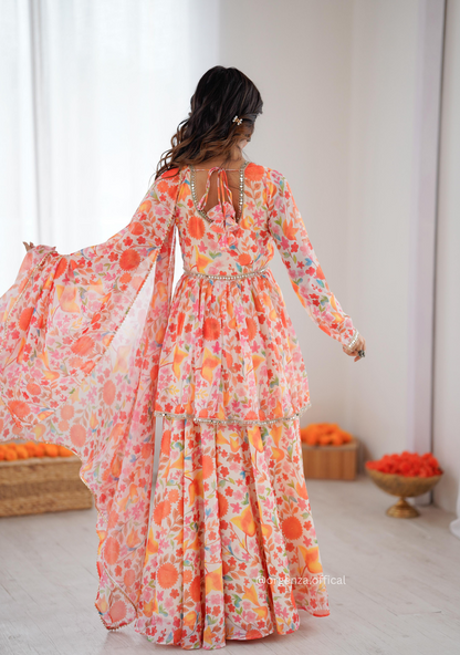 Orange Multi Colour Organza Kediya Type Kurti With Palazzo Set