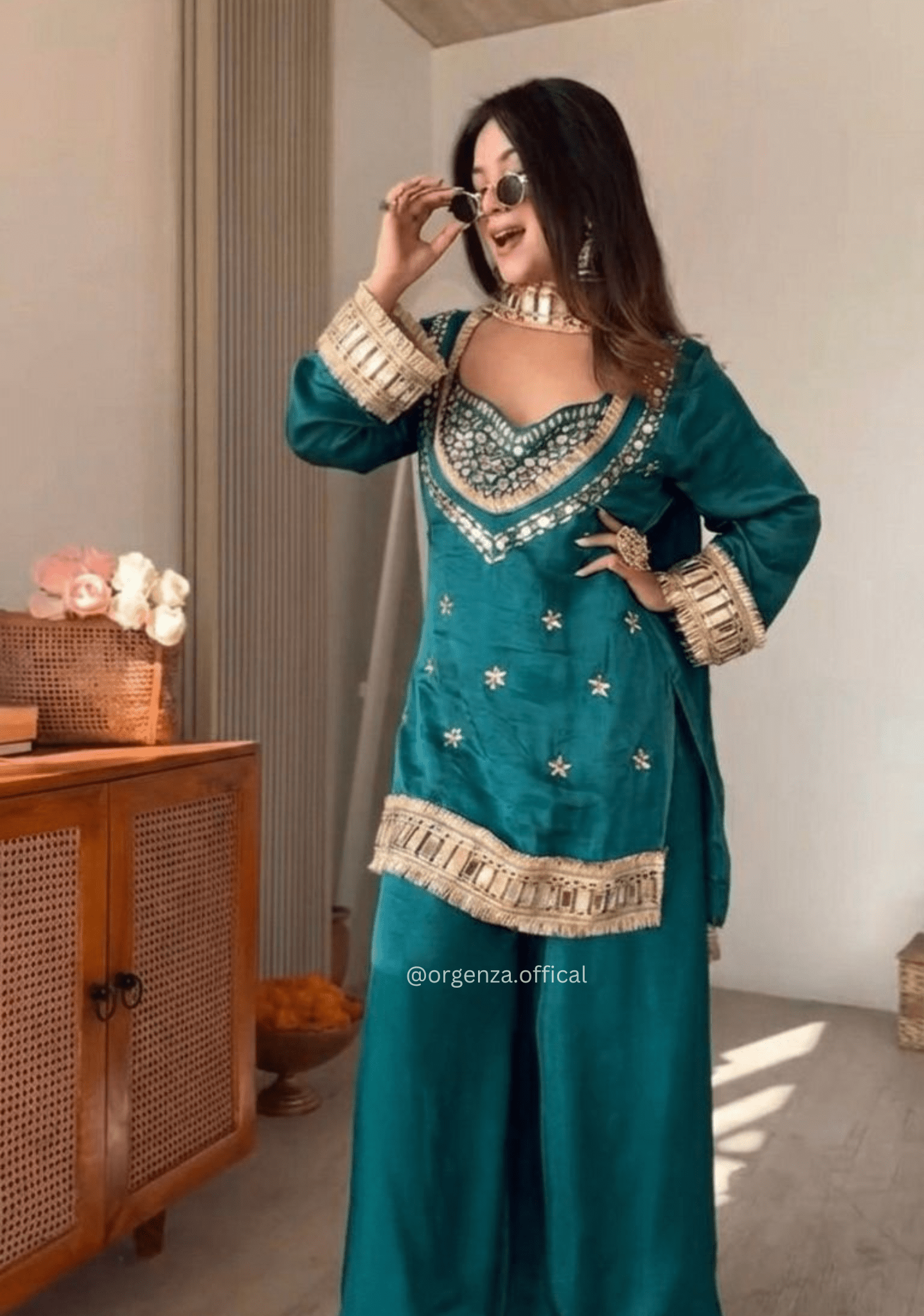 Fendy Silk Mirror Work Sharara Suit Set | Designer Ethnic Wear for Women | Ready to Wear - Orgenza Store