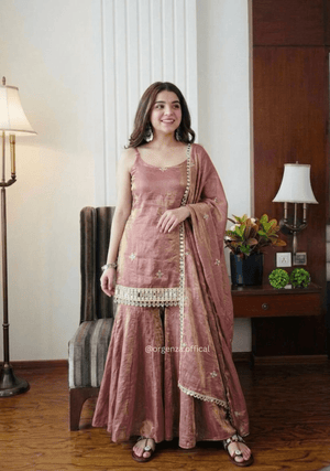 Fendy Silk Mirror Work Sharara Suit Set – Embroidered Sequence Party Wear with Dupatta (3 PCS) - Orgenza Store