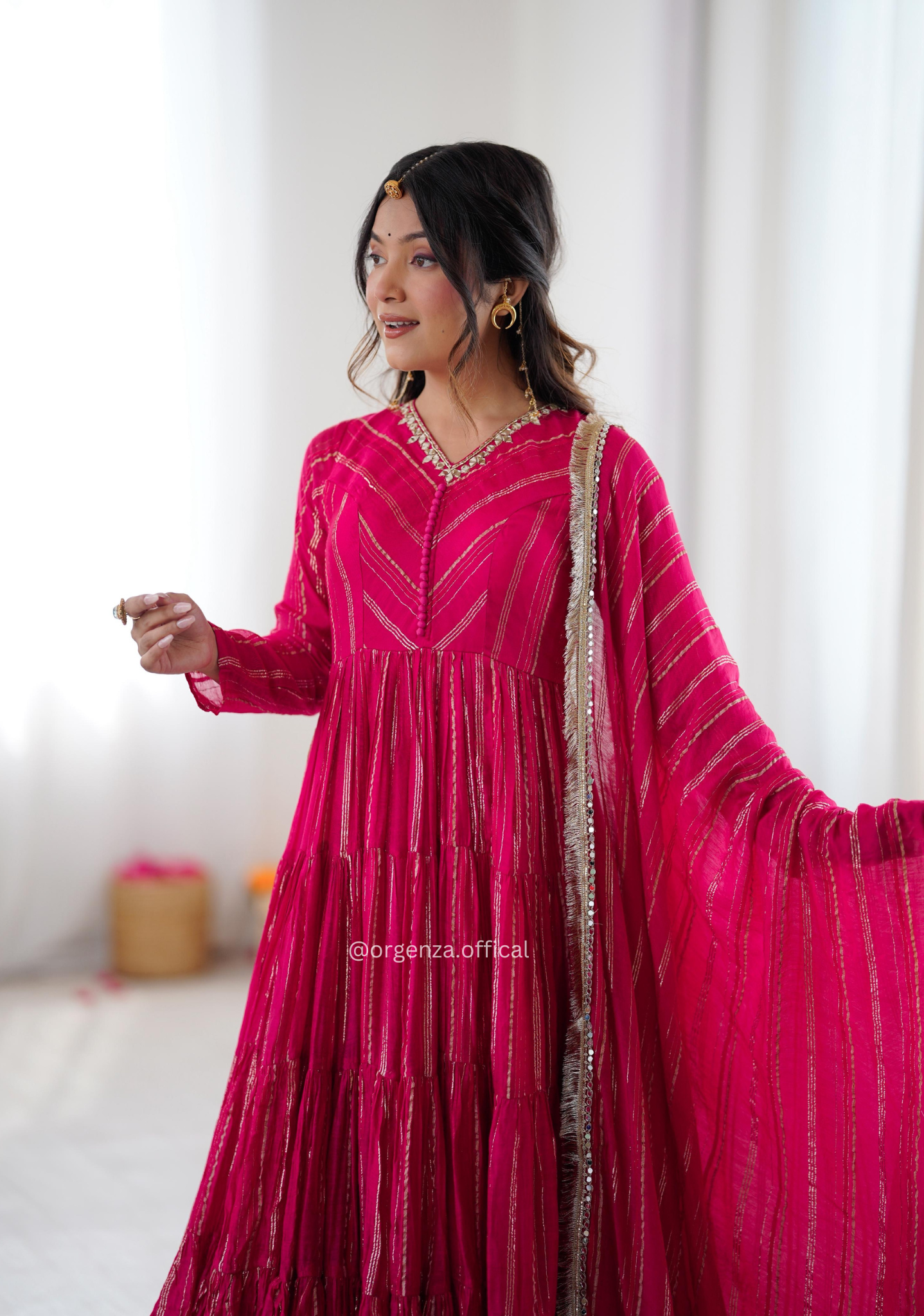 Mal Chanderi Mirror Work Ruffle Gown Set with Dupatta – Fully Stitched