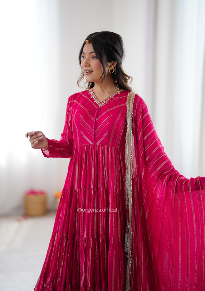 Mal Chanderi Mirror Work Ruffle Gown Set with Dupatta – Fully Stitched