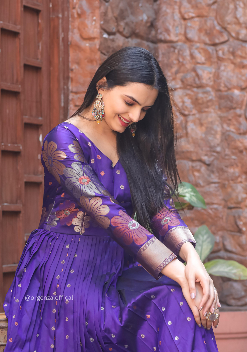 Soft Silk Copper And Gold Zari Weaving Gown