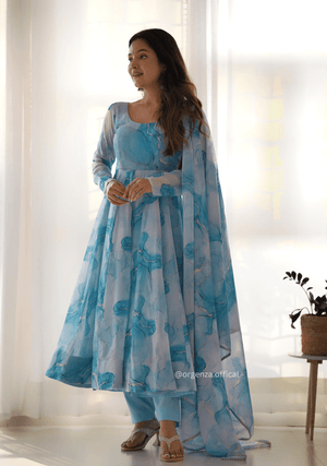 Sky Blue Colour Organza Silk Marble Print Anarkali Kurtis - Orgenza Store