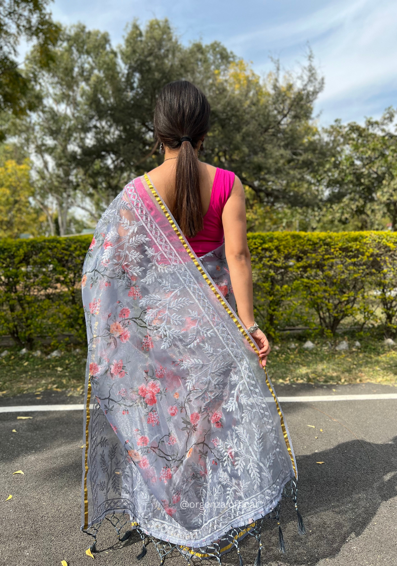 Grey Colour Organza Silk Saree With Thread Work