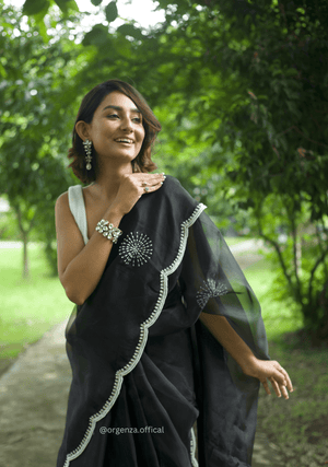 Black Colour Organza Saree With Hand Work - Orgenza Store - digisoch