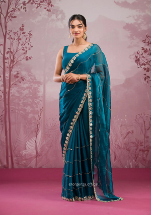 Blue Colour Jimmy Choo Saree With Mirror Work - Orgenza Store