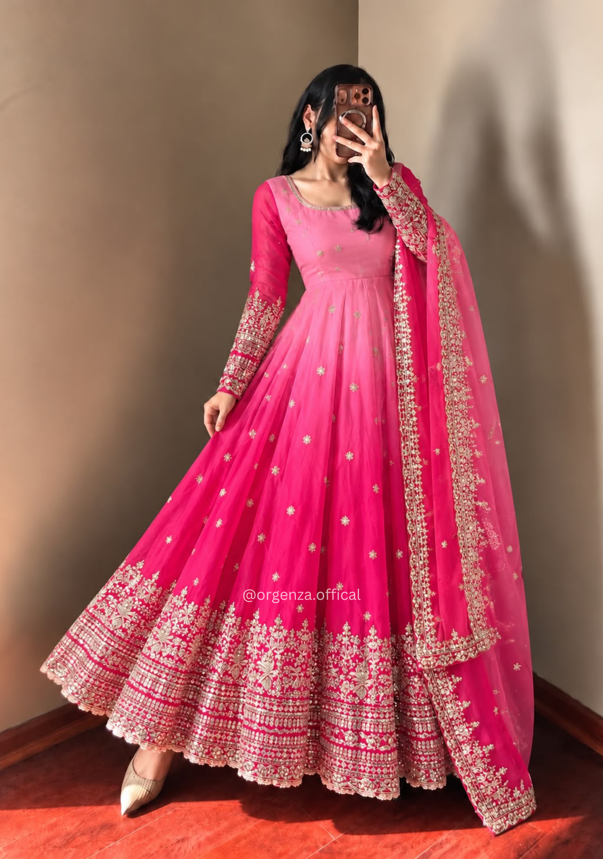Pink Ombre Georgette Embroidered Gown Set