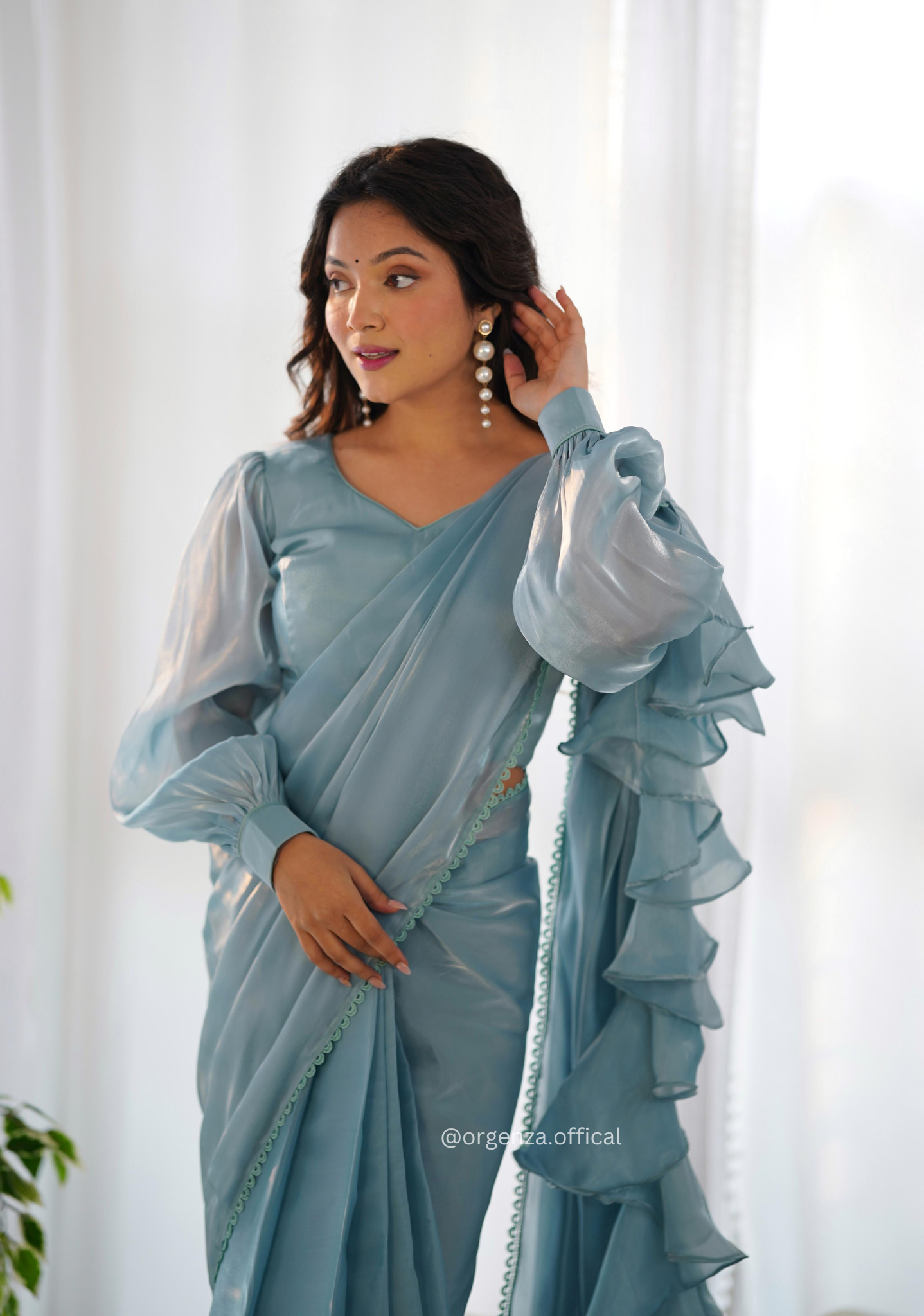 Ready To Wear Sky Colour Jimmy Choo Saree - Orgenza Store