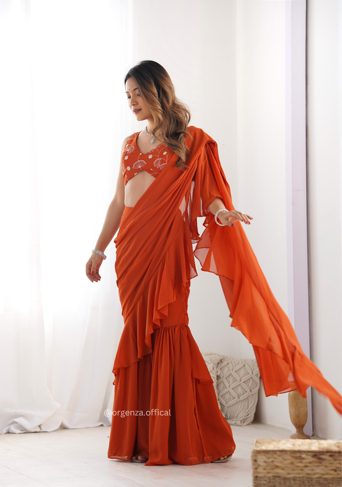 Ready To Wear Rust Colour Sharara Saree - Orgenza Store