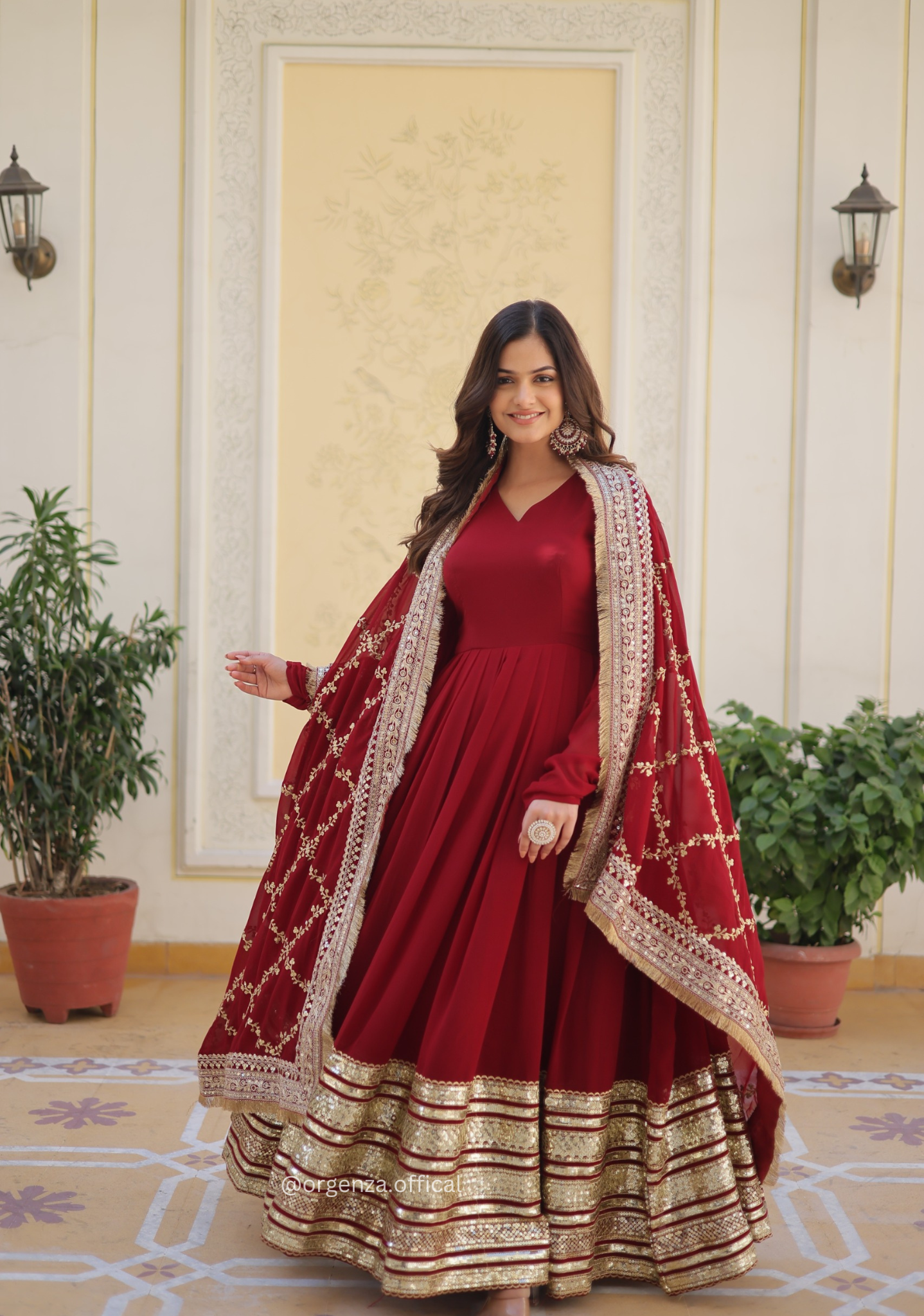 Maroon Colour Soft Fox Blooming Zari Sequins Gown - Orgenza Store