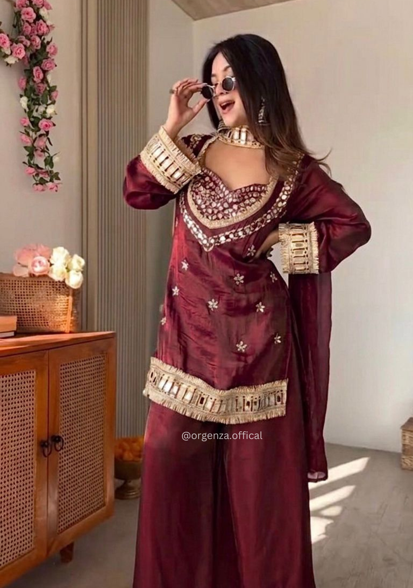 Fendy Silk Sharara Suit with Real Mirror Work & Heavy Flair Palazzo