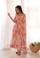 Peach flower Anarkali Kurtis With Dupatta Set