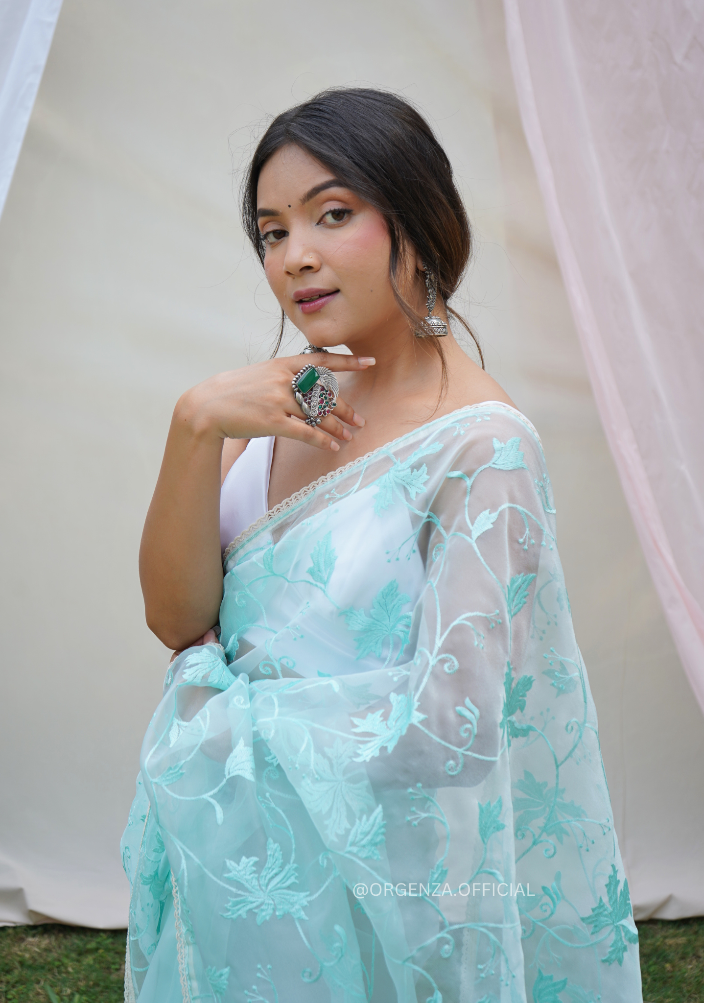 Light Teal Organza Saree With Embroidery Work