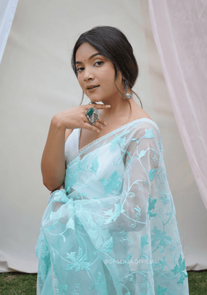 Light Teal Organza Saree With Embroidery Work - Orgenza Store - digisoch
