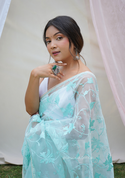 Light Teal Organza Saree With Embroidery Work