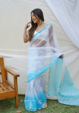 Sky Blue Organza Saree With Viscous Thread Work