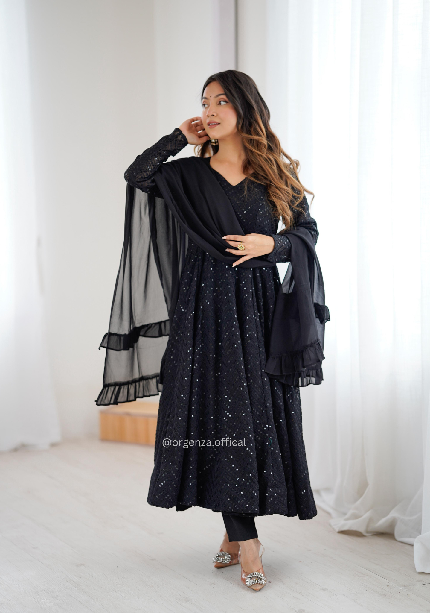 Black Fox Georgette Lucknowi Sequence Work Anarkali Suit Set