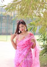 Organza Silk Saree With Floral Thread Work