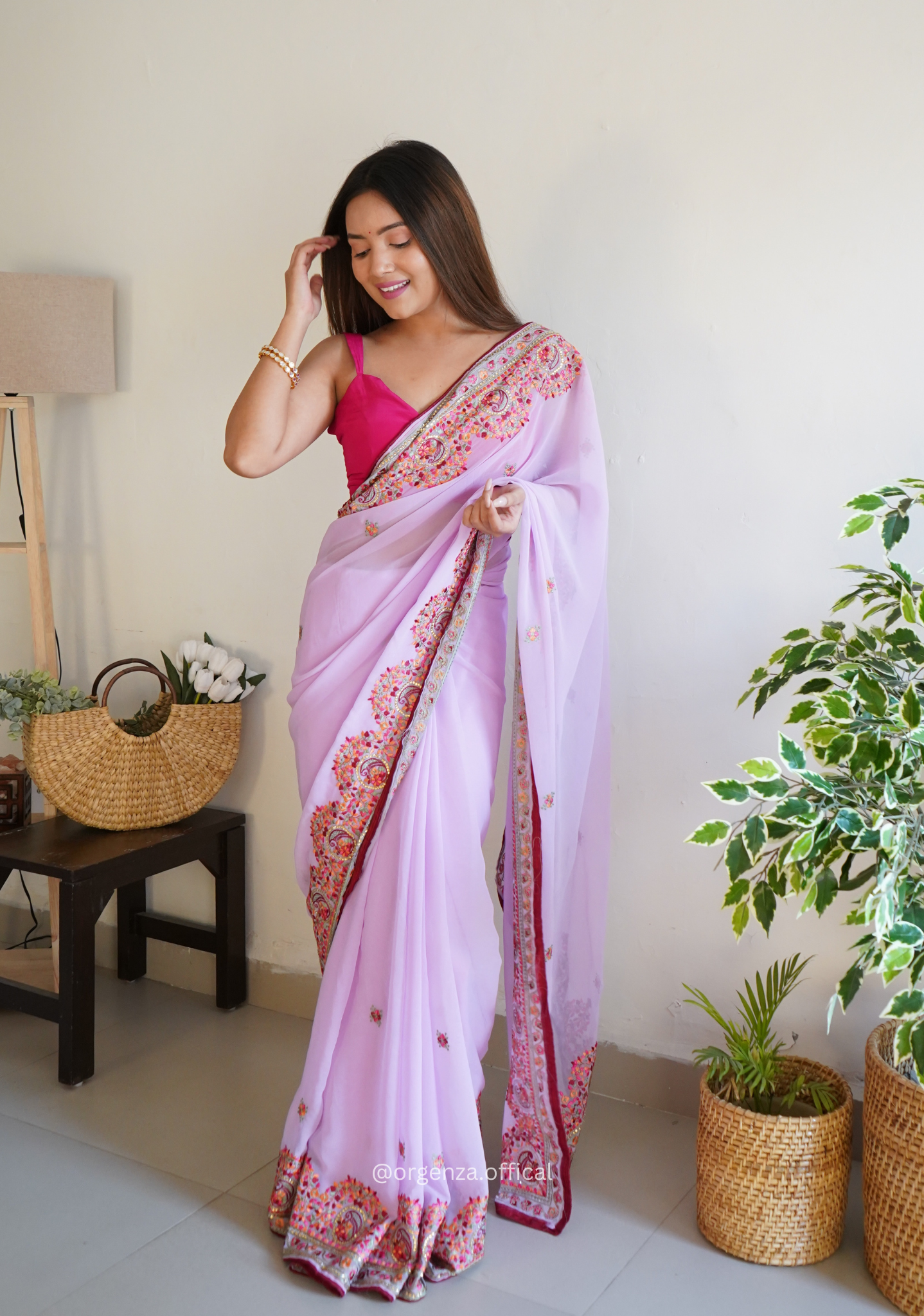 Lilac Color Georgette Silk Saree With Embroidery Work - Orgenza Store