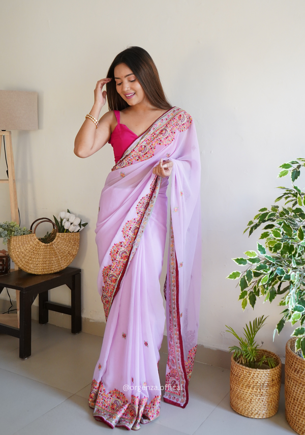 Lilac Color Georgette Silk Saree With Embroidery Work