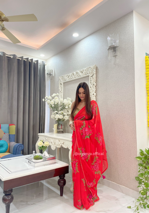 Georgette Silk Saree With Floral Hand Work - Orgenza Store