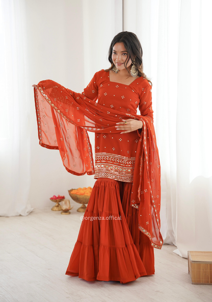 Women’s Pure Heavy Georgette Embroidery Ruffle Sharara Suit Set