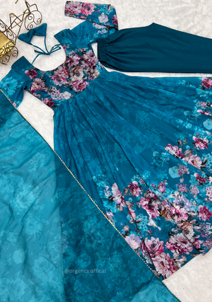 Pure Organza Anarkali Kurtis With Floral Print - Orgenza Store