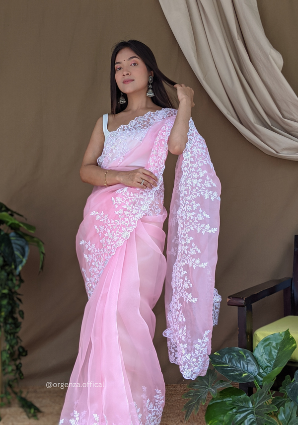 Organza Baby Pink Color Pure Organza Silk And Flower Embroidery Work