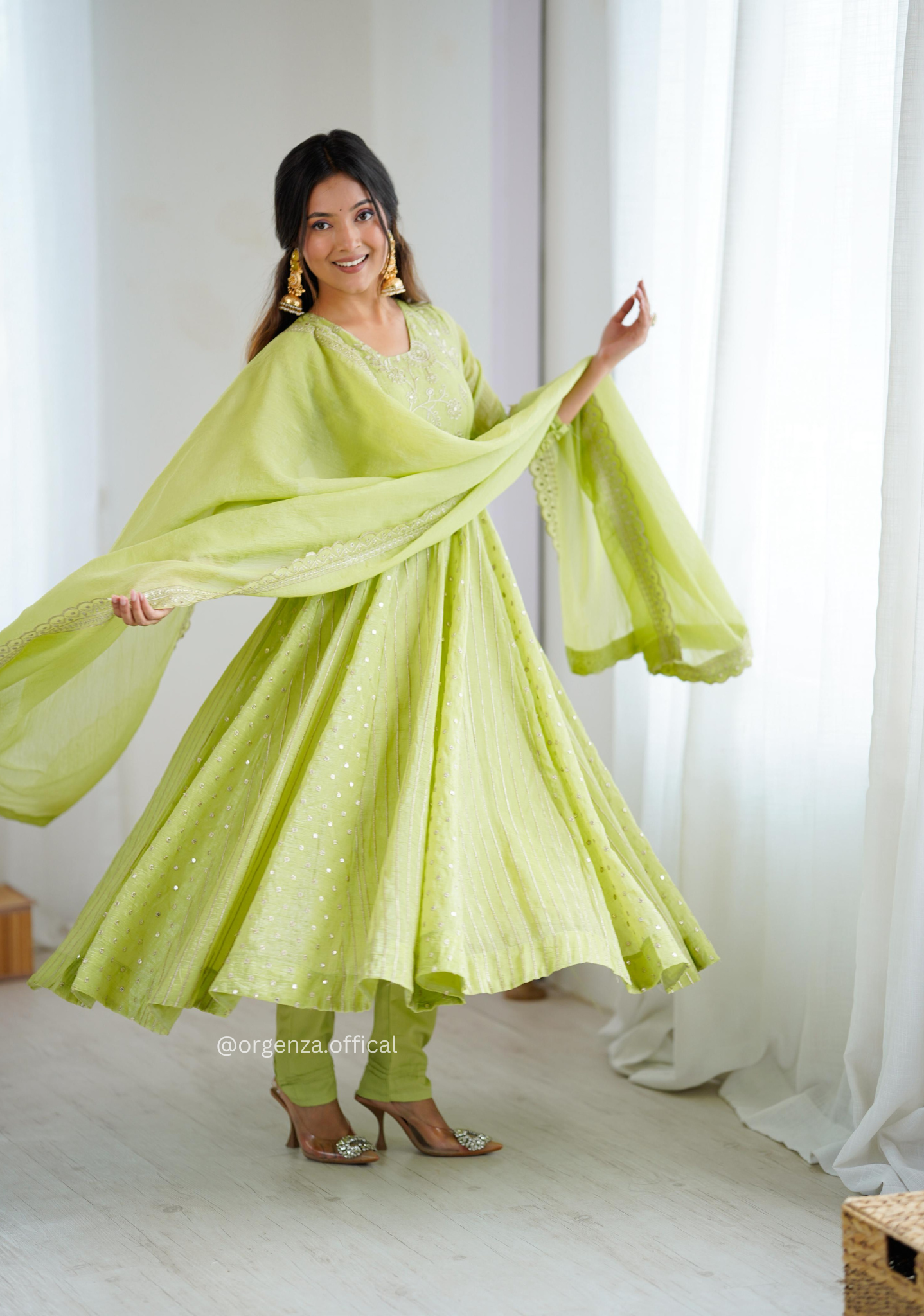 Pista Green Colour Crunchy Silk Anarkali Kurti