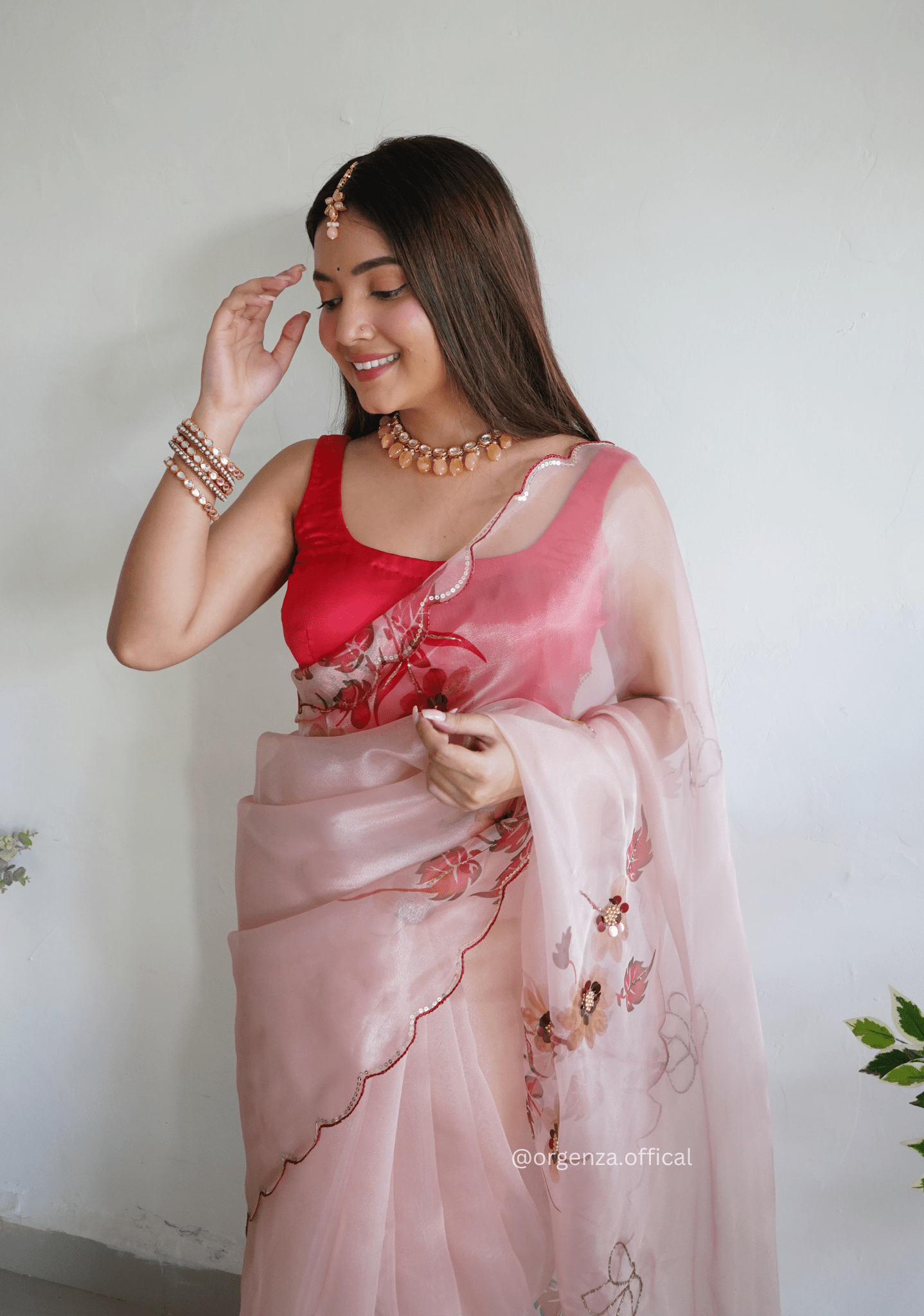 Onion Colour Organza Saree With Handwork - Orgenza Store - digisoch
