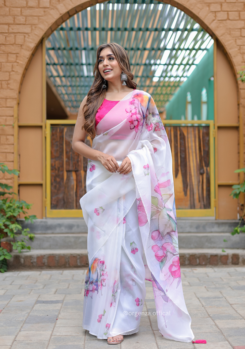 White Colour Flower Digital Print Saree