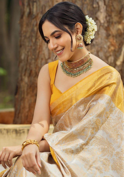 Yellow Colour Rich Pallu Saree Jacquard Zari With Blouse