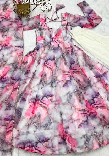 Pure Organza Floral Marble Printed Anarkali Kurti - Orgenza Store