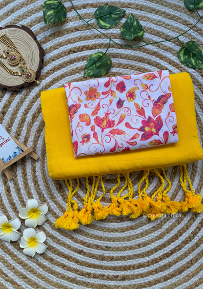 Yellow Colour Cotton Saree With White Multi Print Blouse
