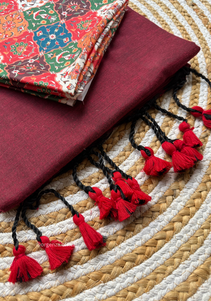 Maroon Cotton Saree With Chex print Blouse