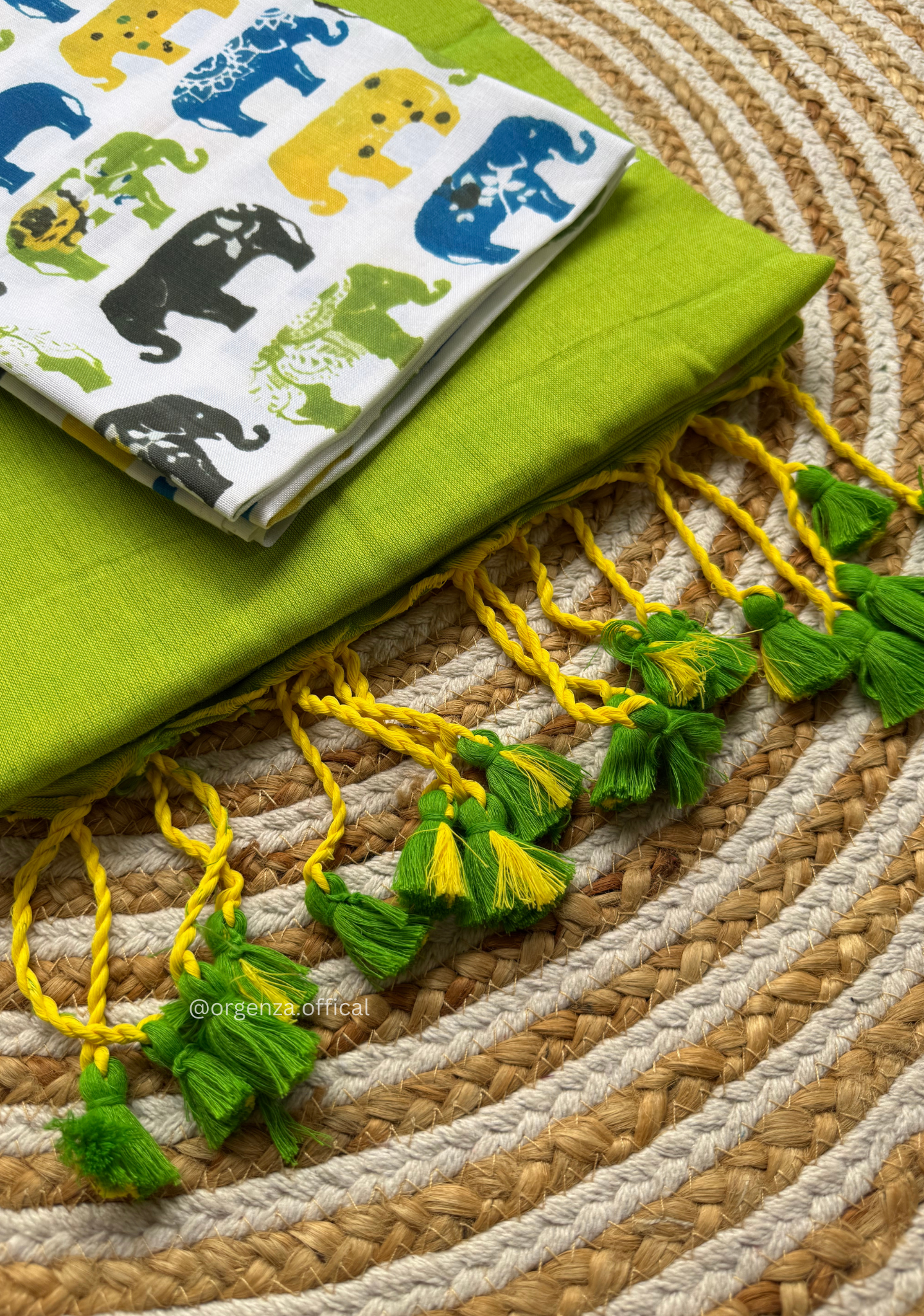 Parrot Green Colour Cotton Saree With Multi Elephant Print Blouse