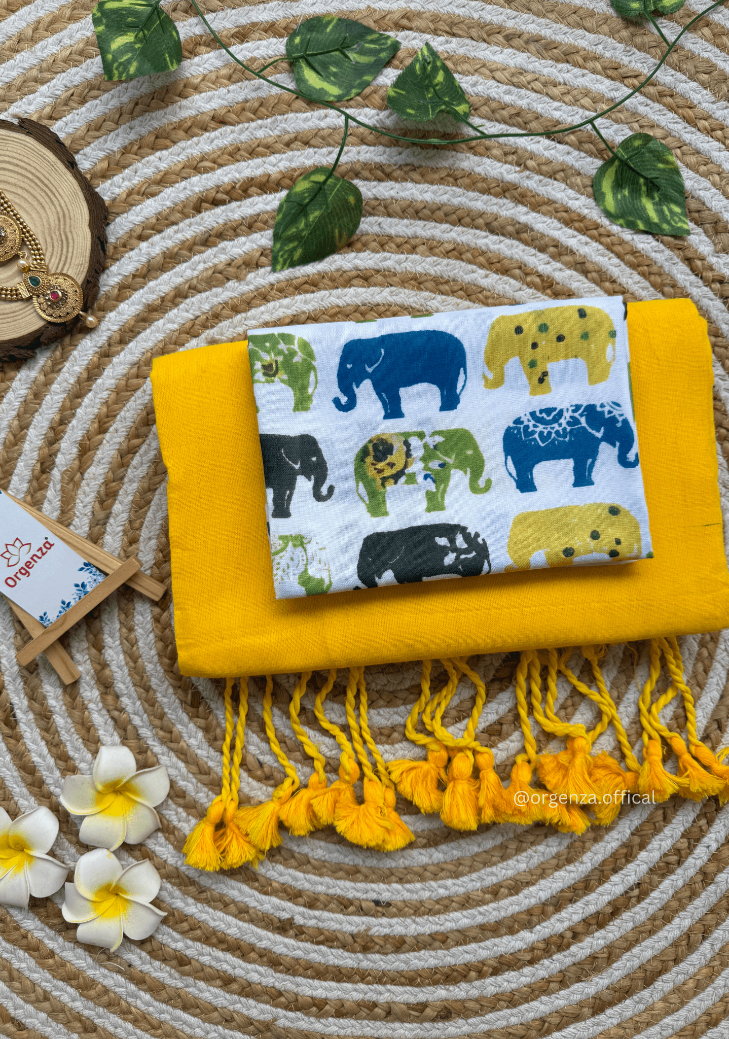 Yellow Colour Cotton Saree With Multi Elephant Print Blouse - Orgenza Store - digisoch