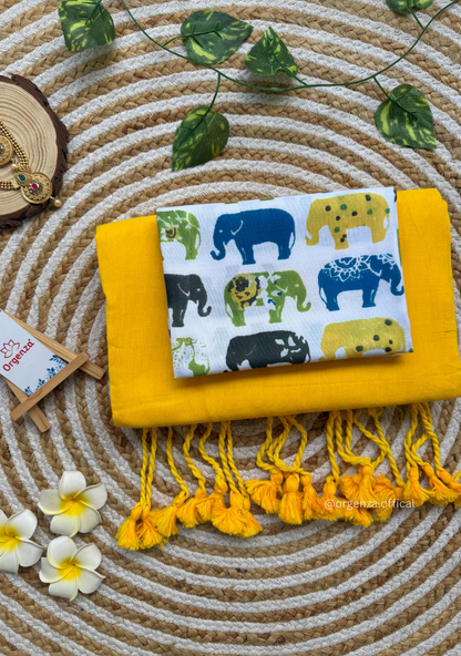 Yellow Colour Cotton Saree With Multi Elephant Print Blouse