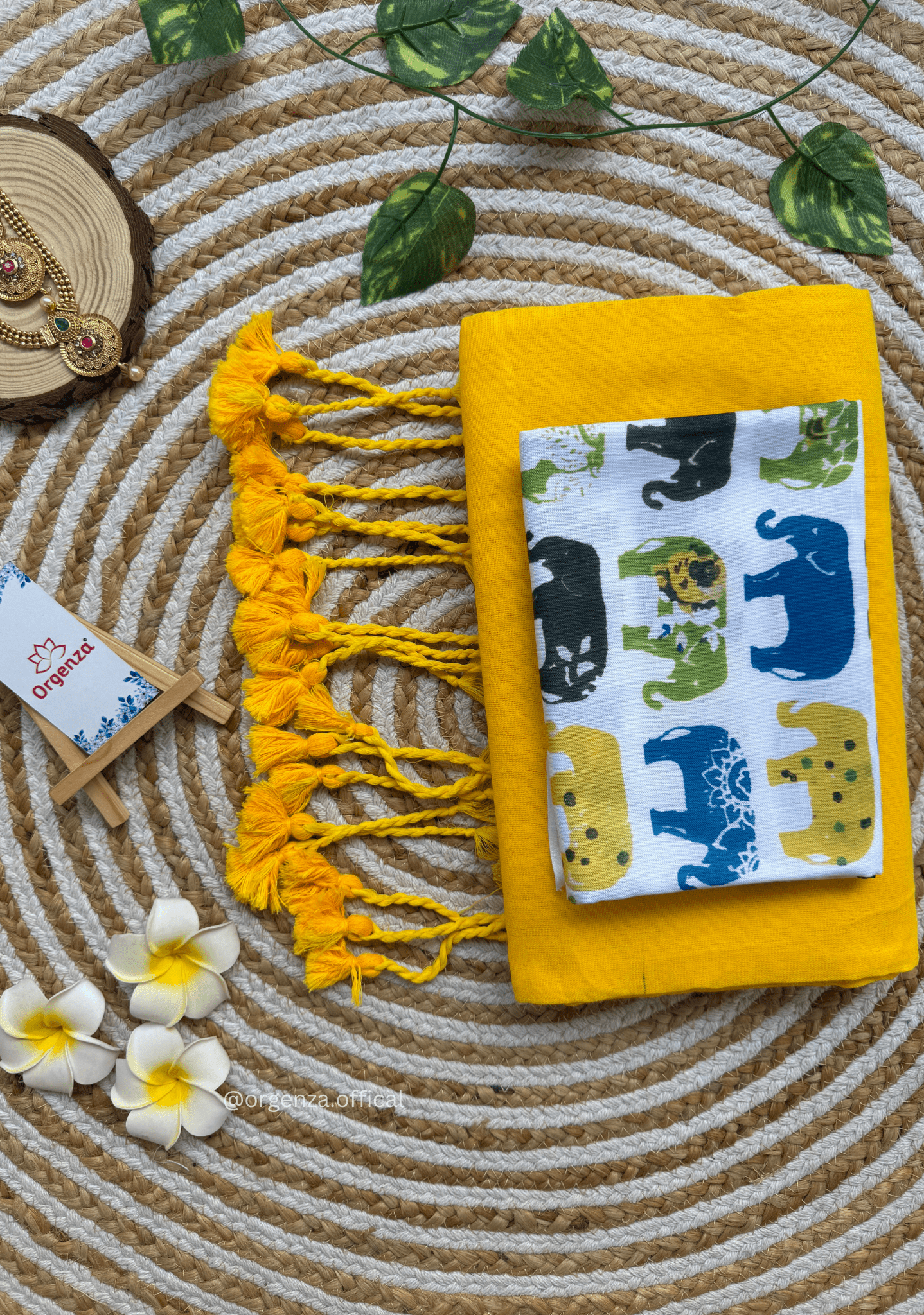Yellow Colour Cotton Saree With Multi Elephant Print Blouse - Orgenza Store - digisoch