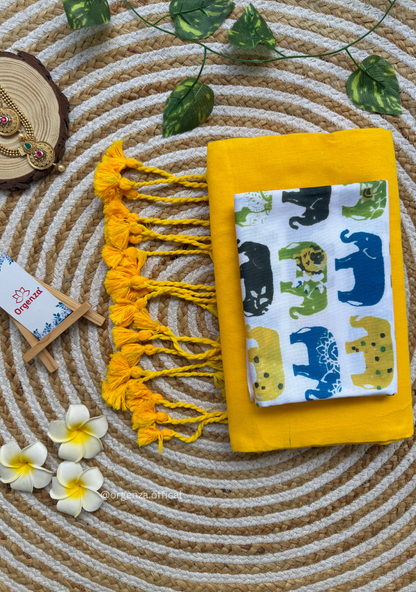 Yellow Colour Cotton Saree With Multi Elephant Print Blouse