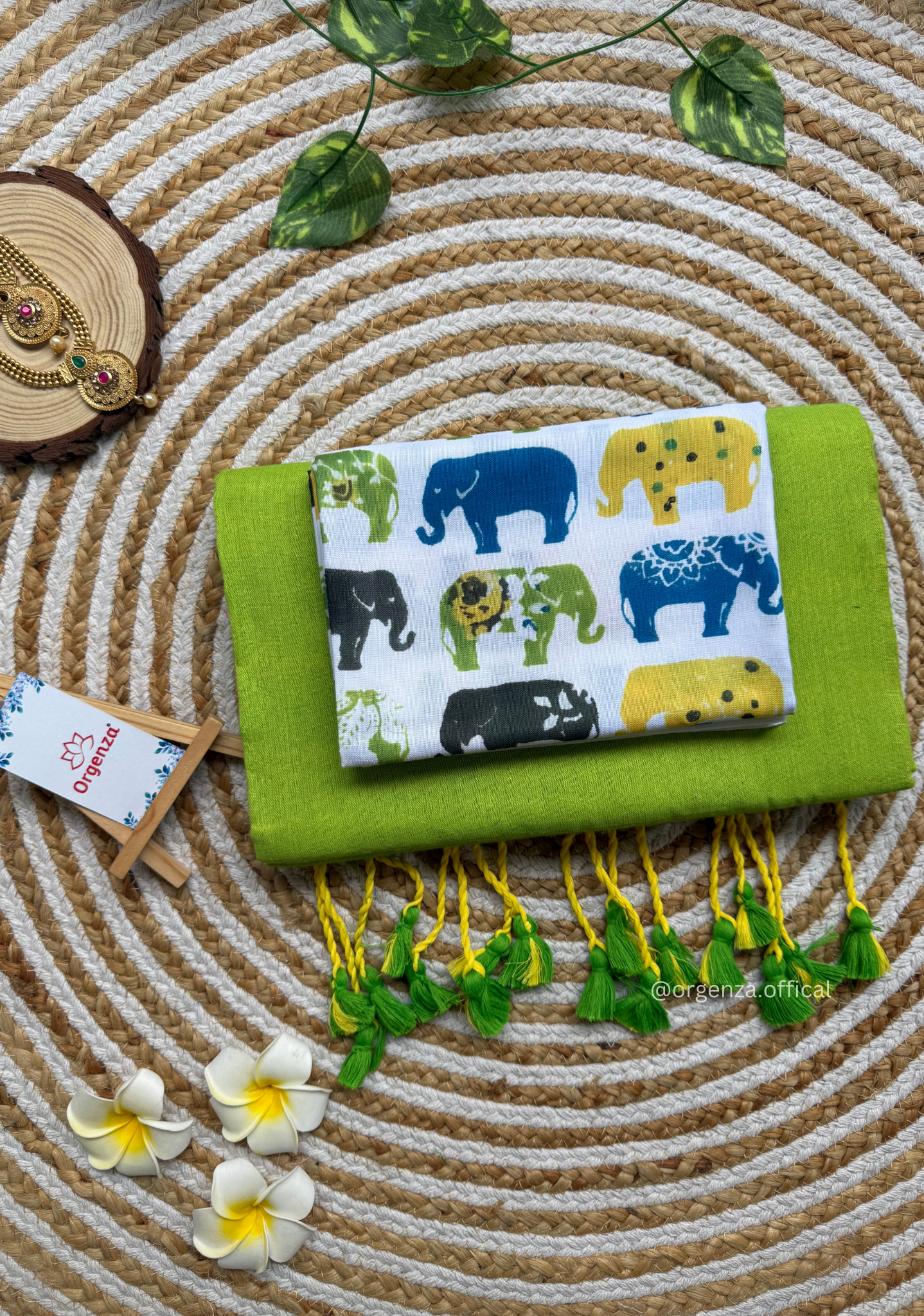 Parrot Green Colour Cotton Saree With Multi Elephant Print Blouse