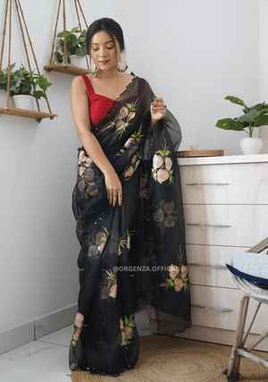 Black Hand Print Organza Saree With Blouse - Orgenza Store - digisoch