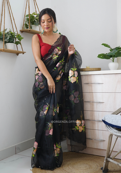 Black Hand Print Organza Saree With Blouse - Orgenza Store