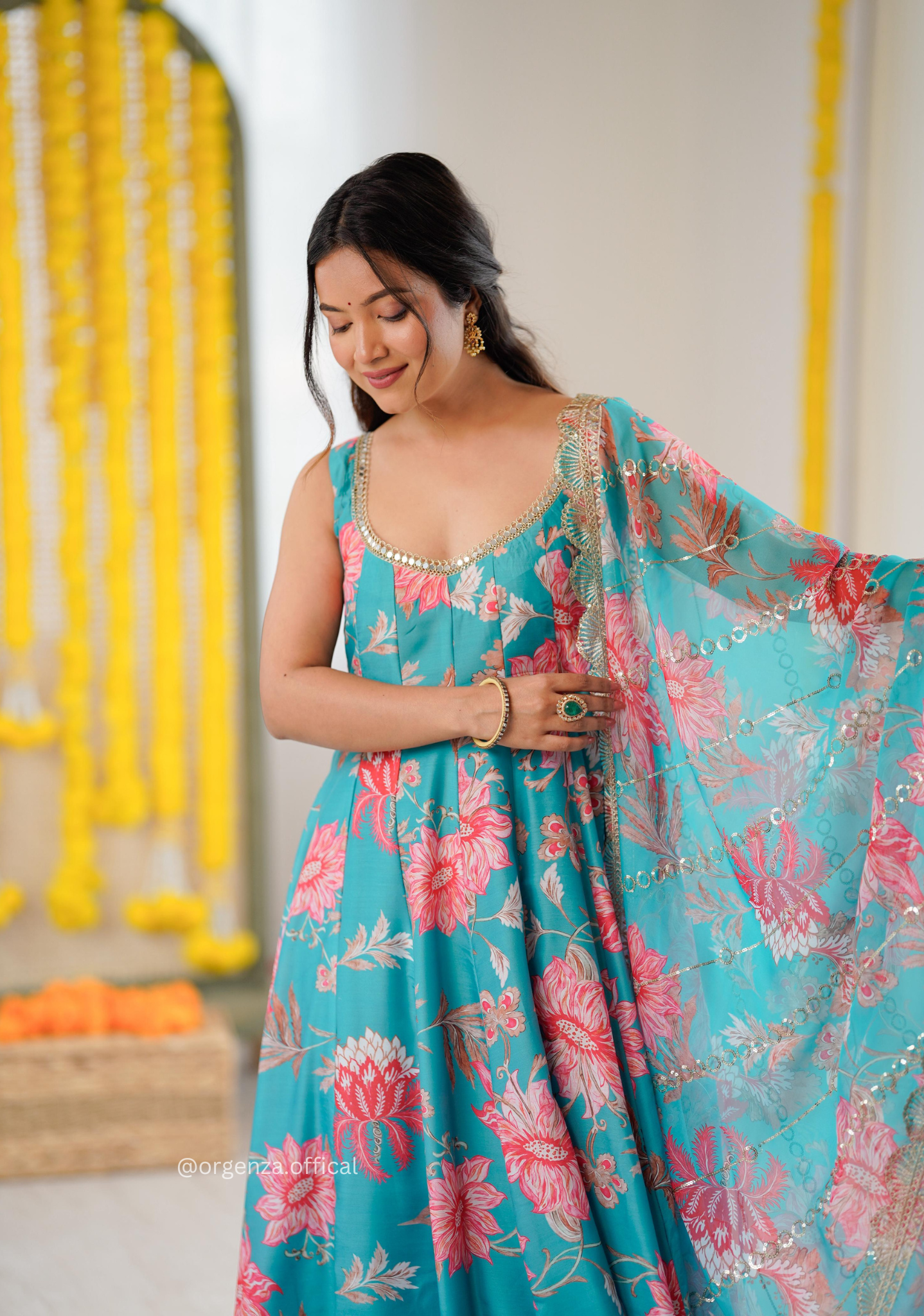 Rama Blue Colour Muslin Floral Print Anarkali Kurtis