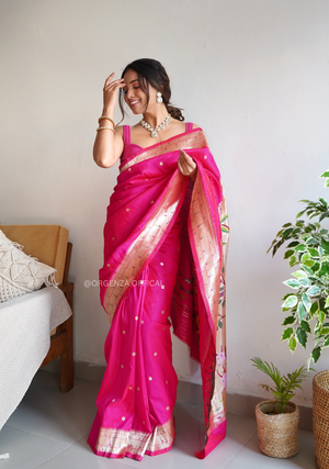 Pure Pink Paithani Silk Saree With Zari Weaving - Orgenza Store