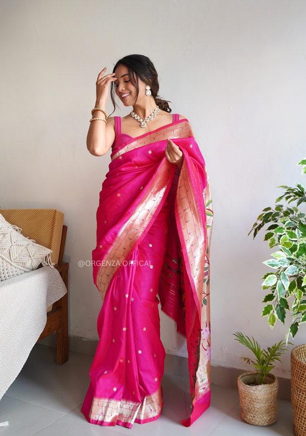 Pure Pink Paithani Silk Saree With Zari Weaving