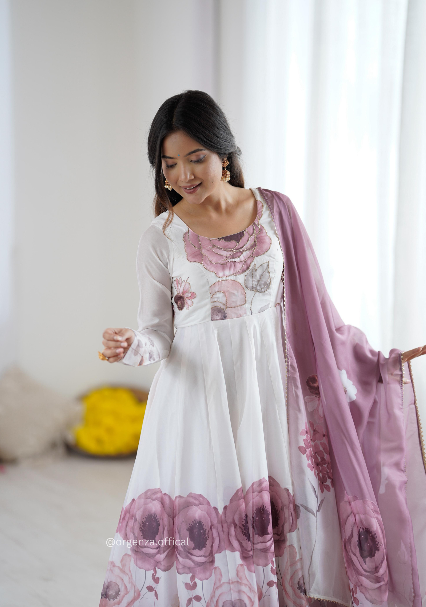 Onion Pink Colour Organza Anarkali Kurti Set