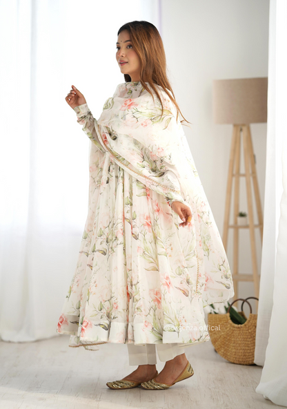 Pure Organza Cream Colour Silk Print Kurti