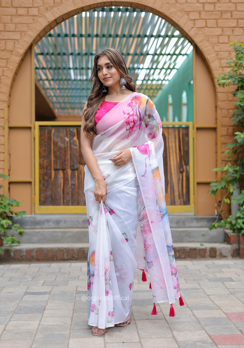 White Colour Flower Digital Print Saree