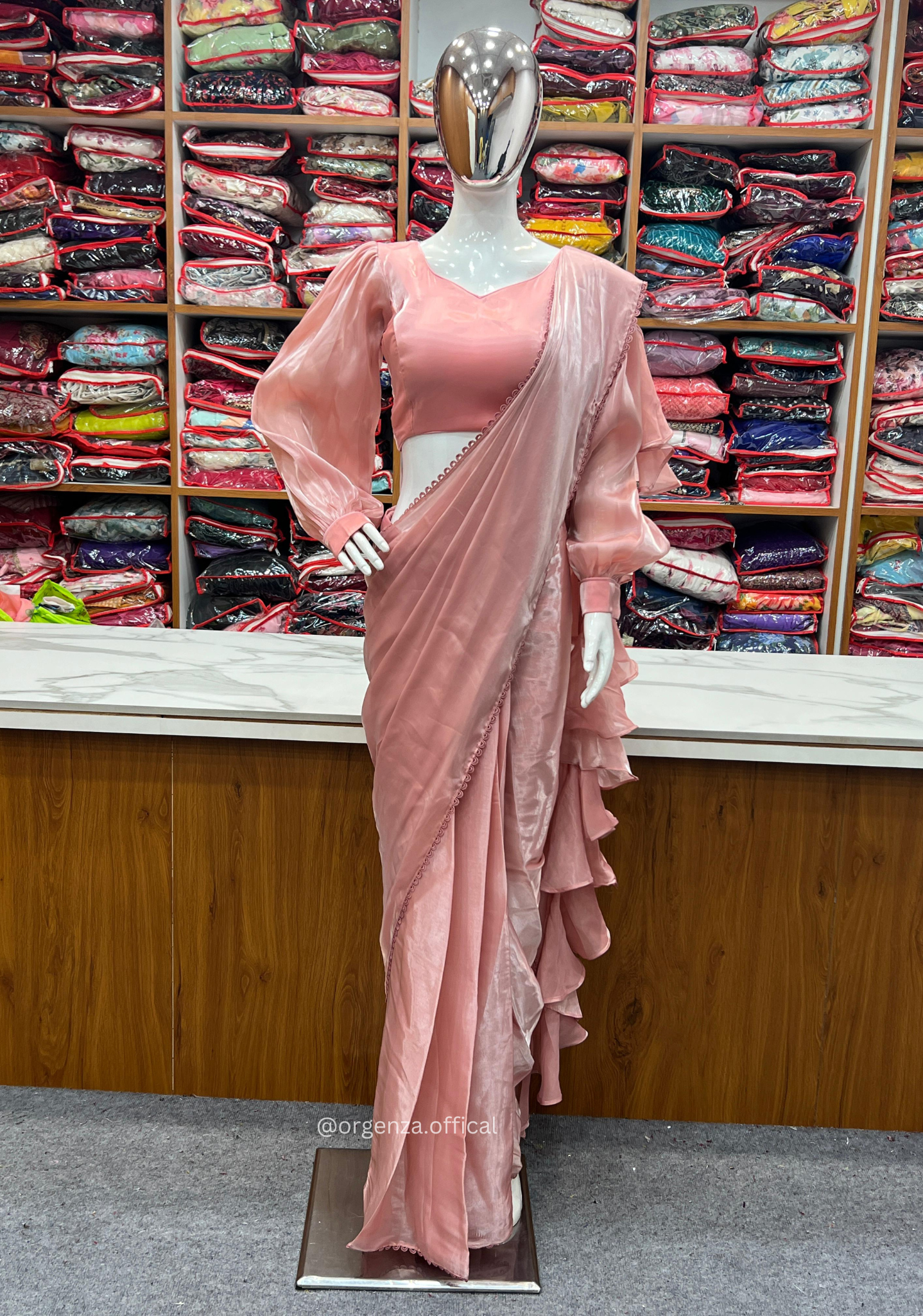 Ready To Wear Peach Colour Jimmy Choo Saree - Orgenza Store